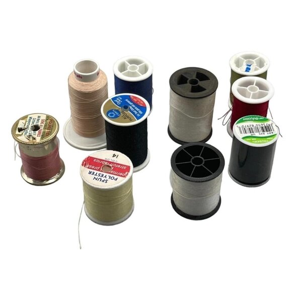 10 spools of polyester thread  varying colors red blue and sizes READ see photos - Picture 1 of 6